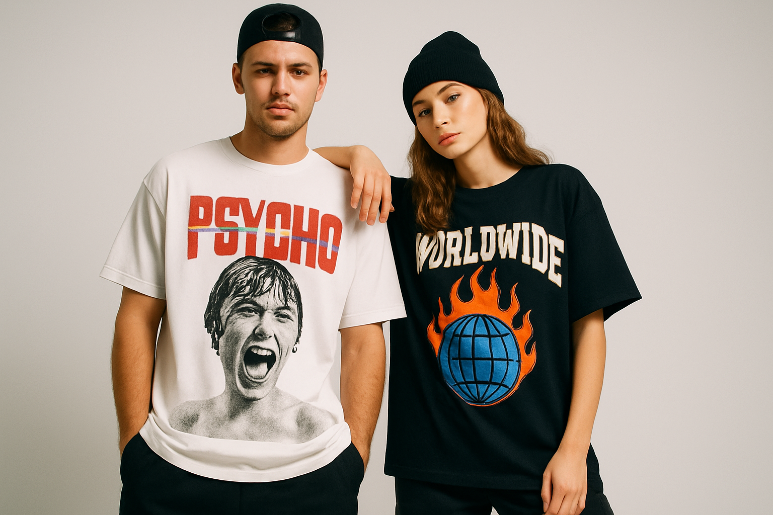 now create a duo (male and female) model posing wearing a graphic (DTF) printed oversized Tshirt in square image 